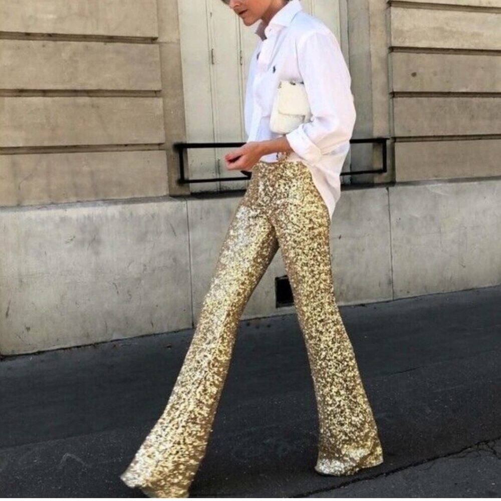 COPY - ZARA FLARE GOLD SEQUINED LEGGINGS PANT SIZE S NEW WITH TAGS